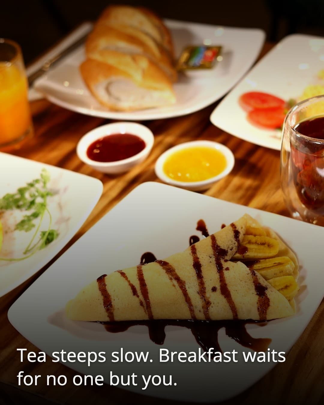Chez Mimosa Cafe breakfast spread with tea