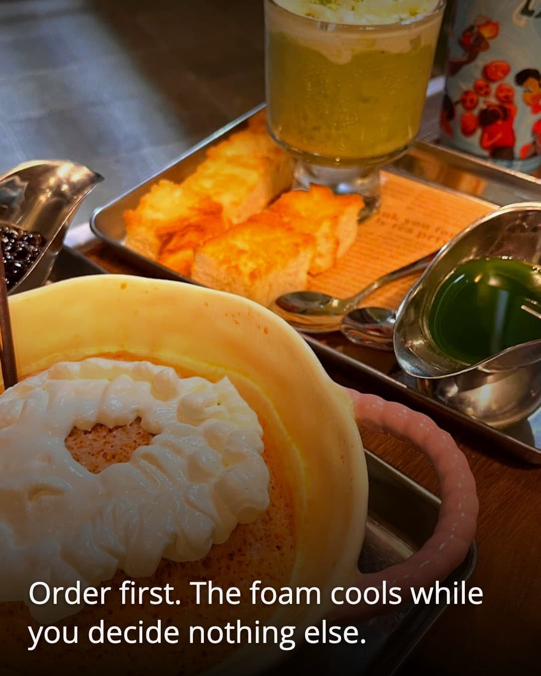 Den Da Coffee drink and banh flan