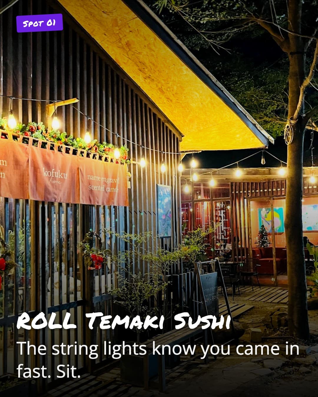 ROLL Temaki Sushi entrance with string lights