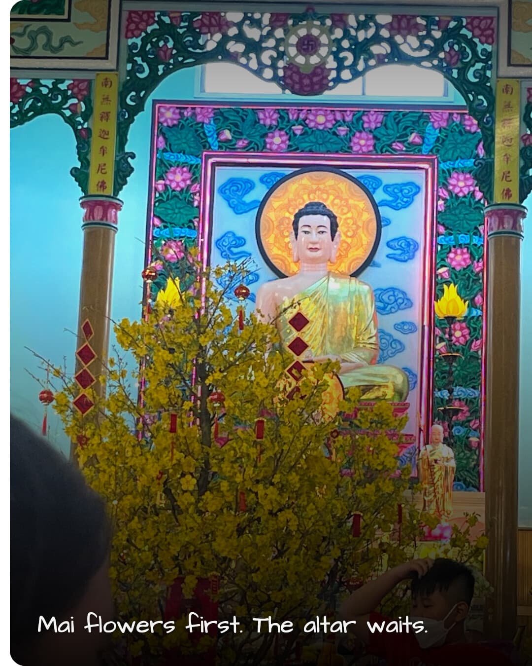 Tịnh Xá Linh Quang altar with mai flowers