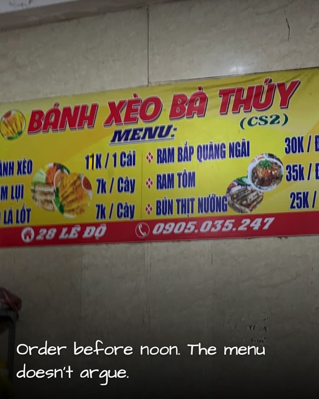 Bánh Xèo Bà Thuý menu board